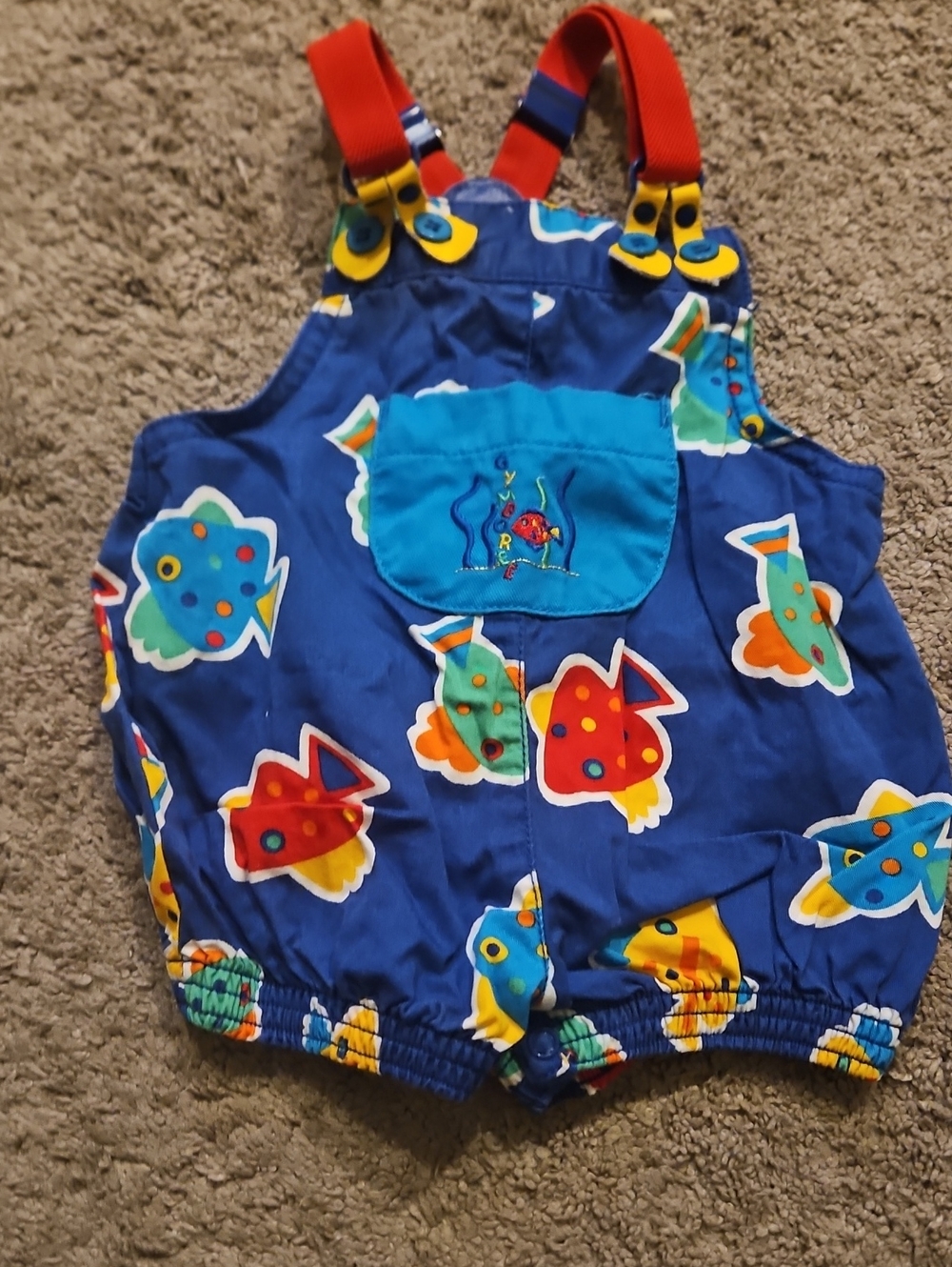 Gymboree Blue Fish Print Suspenders Romper with Red Straps